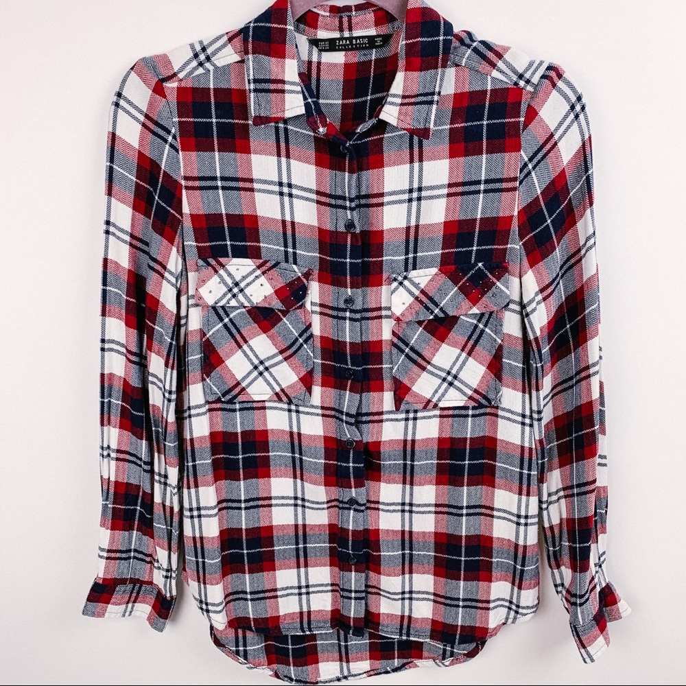 Zara Button Up Plaid Long Sleeve Navy Red XS